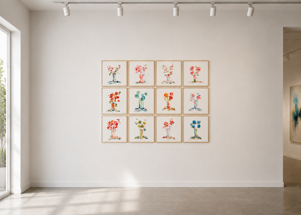 Wall display of 12 framed prints with glass