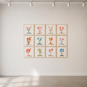 Wall display of 12 framed prints with glass